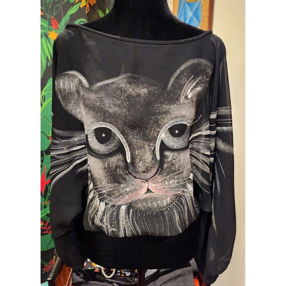 VINTAGE Nina Deiss Black Panther Print Top Long Sleeves & Elastic Waist. Large